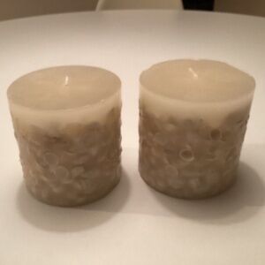 Crate and Barrel Ivory Sea Shell Embedded Large Pillar Candles 4x4” 2 NWT